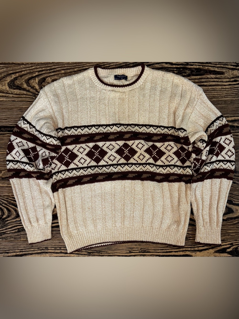 Vintage Van Heusen Cream and Brown Fair Isle Crewneck Sweater